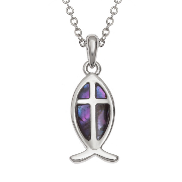 Purple ichthus fish cross necklace